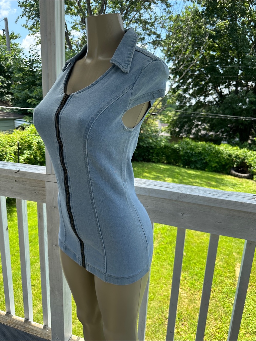 Light Wash Denim Zip-Front Women's Top